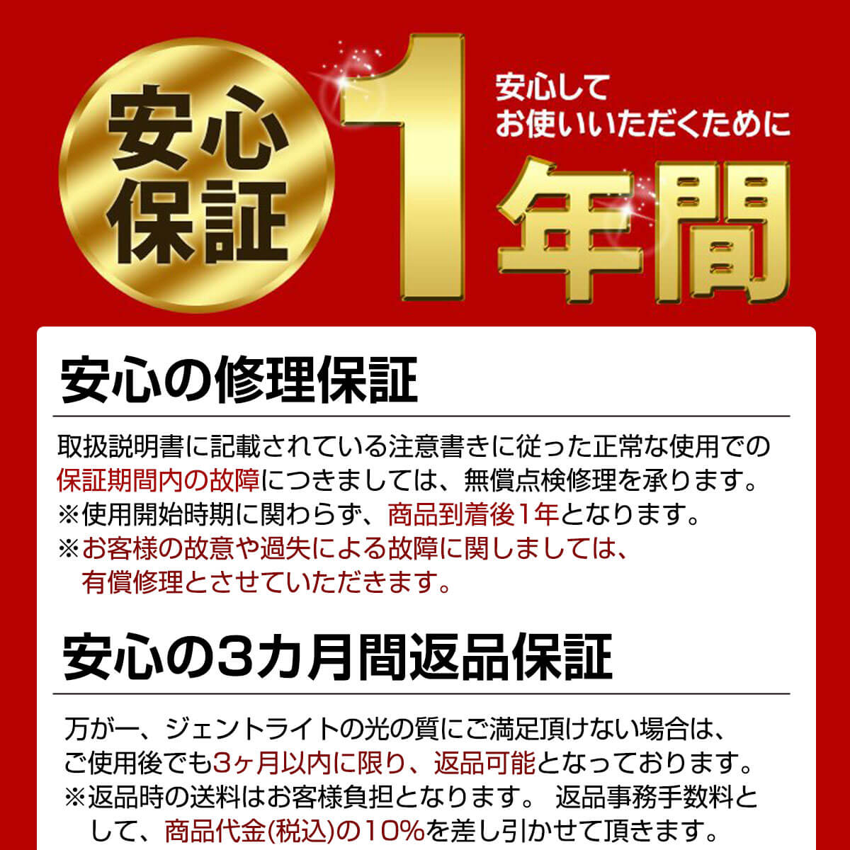 安心の1年保証と3ヶ月間返品保証